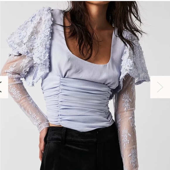 Free People Dream Of You Top Light Blue Long Sleeve Lace Sz XS - Picture 2 of 9